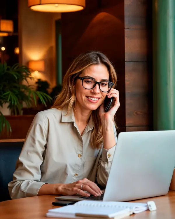 Especialista da Alcance Isenções sorrindo ao telefone enquanto atende um cliente